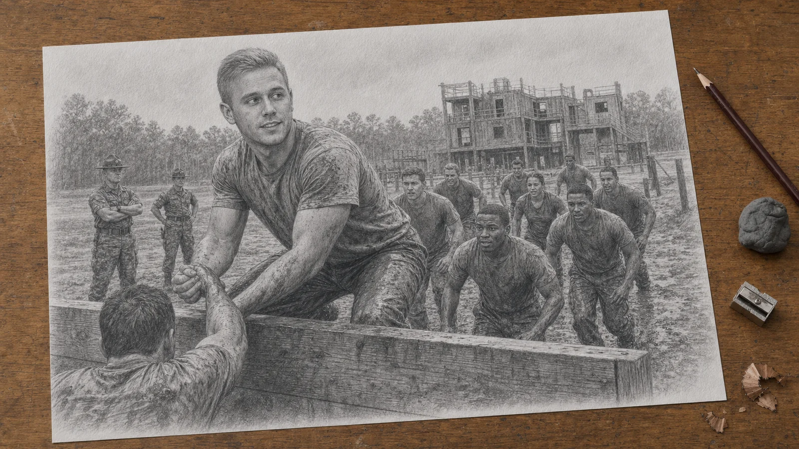 Graphite drawing on a wooden desk of the narrator helping another trainee over an obstacle-course wall in Georgia