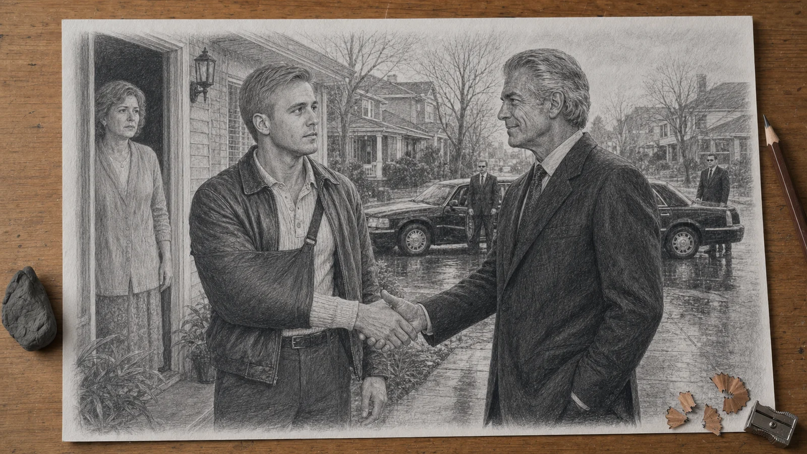 Graphite drawing on a wooden desk of Senator Dickenson offering the injured narrator a place on his detail outside the family home