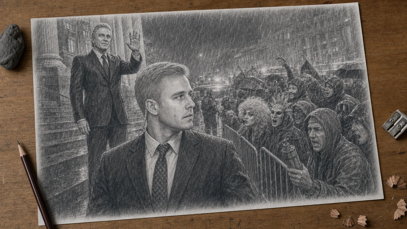 Graphite drawing on a wooden desk of the narrator guarding Senator Dickenson from a disorderly protest crowd in heavy rain