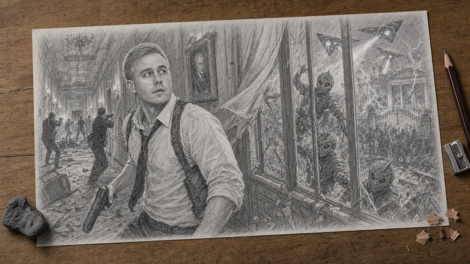 Graphite drawing on a wooden desk of the narrator moving through Senator Dickenson's residence during an electrical drone attack