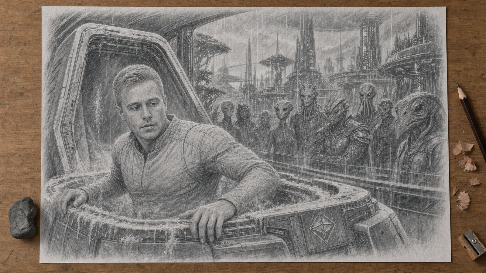 Graphite drawing on a wooden desk of the narrator waking from cryogenic stasis inside an alien containment habitat